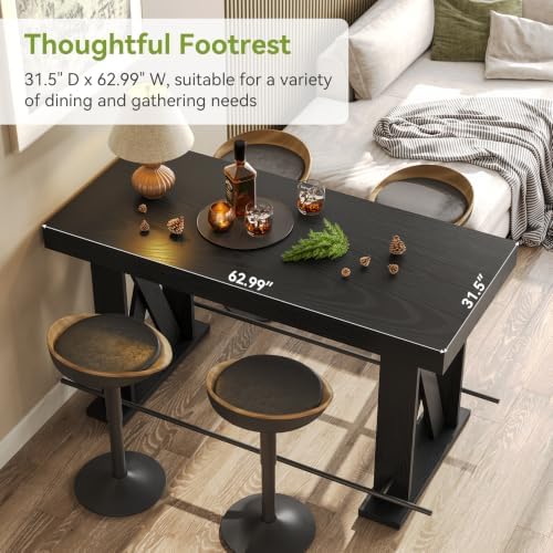 LITTLE TREE 63" Bar Table, Pub Table with Metal Footrest (Black,1)