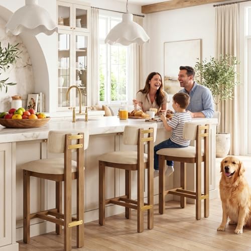 HNY 26’’ Tall Farmhouse Bar Stools Set of 2, Modern Counter Stools with Backs Beige Linen Upholstered Bar Height Chairs with Natural Hardwood Frame, Counter Height Wood Barstools for Kitchen Island