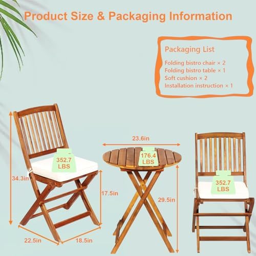 S AFSTAR Bistro Table and Chairs Set of 2, Acacia Wood Folding Bistro Set for 2 with Detachable Soft Cushions, 3PC Outdoor Wood Bistro Set for Patio, Balcony, Garden & Yard (Natural Color)