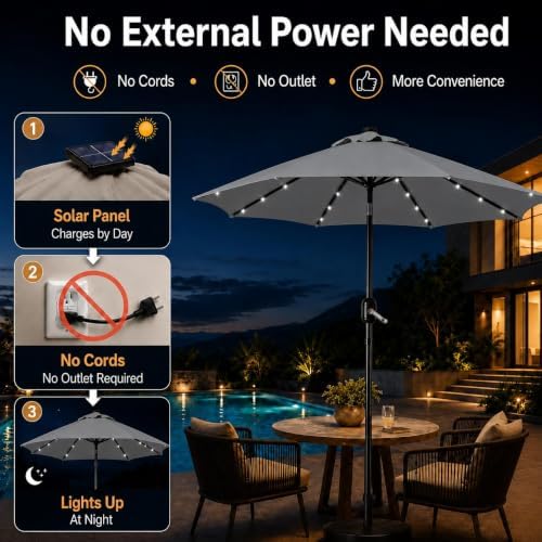 Yaheetech 9FT Solar Patio Umbrella w/Push Button Tilt & Crank, Gray