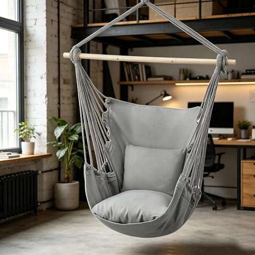 MoNiBloom Hammock Chair Hanging Rope Swing w/2 Cushions, Hold 350 lbs, Gray