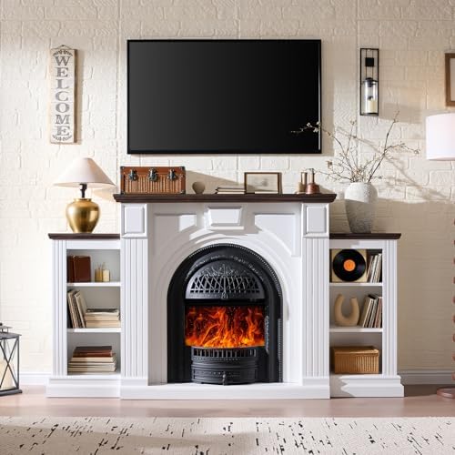 Farmhouse Electric Fireplace with Mantel, 76" Fireplace TV Stand Entertainment Center for TVs up to 90'', Fireplace Heater Media Console, 30" Fire Place Insert Heater for Living Room, Bedroom
