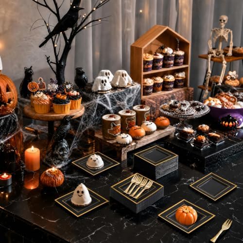 WDF 200PCS Black and Gold Plastic Dessert Plates for Halloween Parties