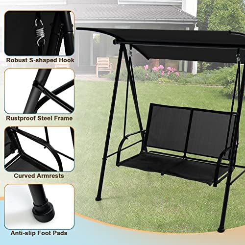 Tangkula 2 Person Porch Swing with Adjustable Canopy, Black