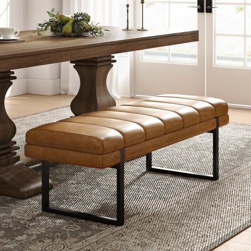 HULALA HOME 53" Faux Leather Tufted Entryway Bench, Camel