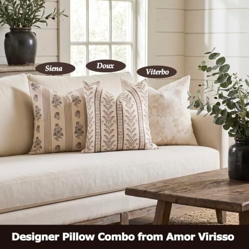 Amor Virisso Floral Throw Pillow Covers 20x20 Set of 2 Block Print Pillow Covers Neutral Floral Striped Farmhouse Decorative Pillow Covers for Sofa Couch Bed, Brown