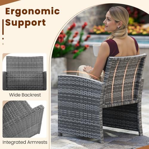 KOTEK 3 Piece Patio Furniture Set, Outdoor Wicker Patio Chairs with Cushions & Storage Table, PE Rattan Bistro Set for Porch, Backyard, Balcony (Black)