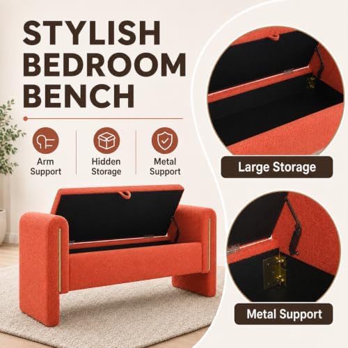 52" Upholstered Storage Bench, Orange, Armrests, Wood Frame