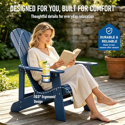 Adirondack Chairs Set of 2, Outdoor Adirondack Chair with Cup Holder, HDPE Patio Chairs, Waterproof, Fade-Proof Fire Pit Chairs for Yard & Garden, Blue