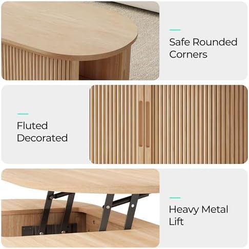 LINSY Lift Top Coffee Table, Oval Fluted Coffee Table with Storage, Boho Wooden Coffee Tables with Sliding Tambour Door, 39" Center Table for Living Room, Office, Small Space, Natural Oak