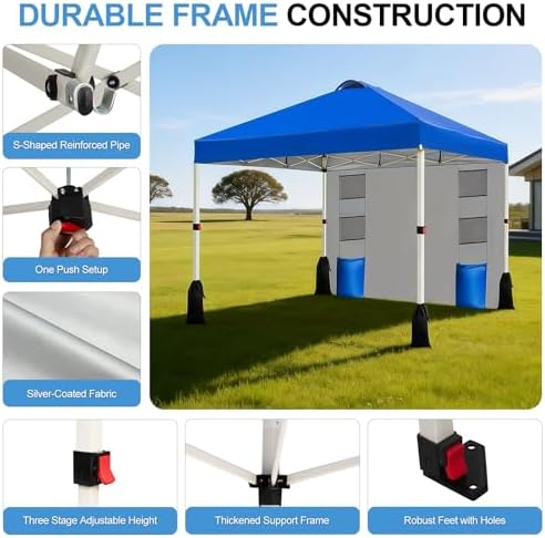 WEIZE 10x10 Pop Up Canopy Tent, 1-Button Push Setup Canopy Tent with 1 Sidewall, Adjustable Height Instant Portable Shelter,Portable Roller Bag, Easy Outdoor Sun Shade for Events,4 Weight Bags,Blue