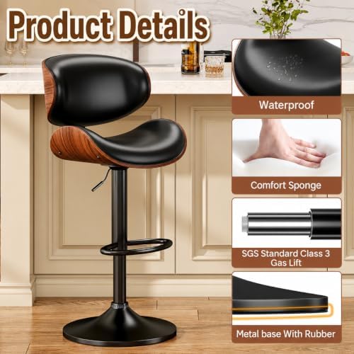 YaFiti Swivel Bar Stools Set of 2, Bar Stools for Kitchen Counter, Black