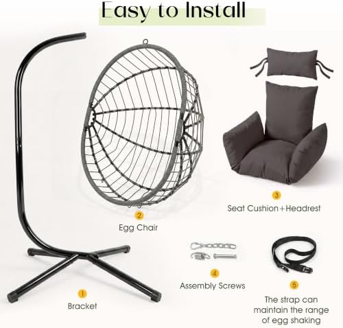 LEX CRAFT Hanging Egg Chair with Stand, Swinging Egg Chair Outdoor Indoor, Hanging Basket Chair with Cushion, Patio Wicker Hammock Chair 350lbs Capacity (Gery-Gery)