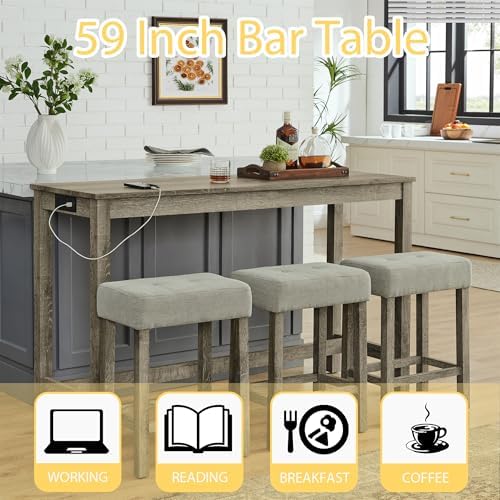 Merax 59" Bar Table Set with Power Outlet,Industrial Breakfast Table with 3 Upholstered Stools w/Footrest,4 Piece Counter Height Bar Table and Chair Set for Living Room,Dining Room,Kitchen,Brown