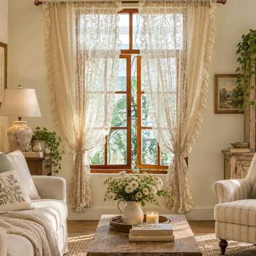 TUDECO Beige Lace Ruffle Curtains 80 Inch Length, Rustic Floral 2 Panels