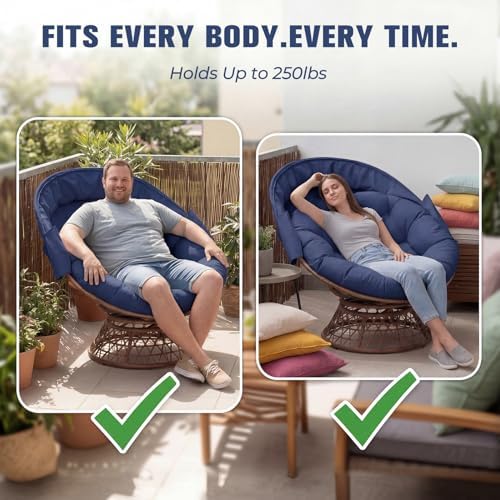 GTPLAYER Outdoor Wicker Egg Chair PE Rattan Chair with Cushion, Oversized Patio Lounge Chair with Canopy Papasan Chair 360° Swivel Base for Outdoor, Indoor, Balcony, Backyard, Garden, Blue