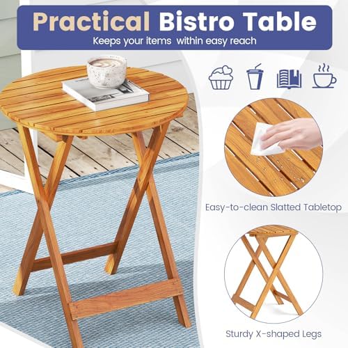 GIANTEX Patio Bistro Set 3 Pieces, Outdoor Acacia Wood Folding Table & Chairs Set with 2 Padded Cushions, Patio Conversation Furniture Set for Backyard, Garden, Balcony, Poolside (Natural & Navy)