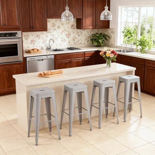 VENI HOME Stackable Metal Bar Stool Backless Indoor-Outdoor Counter Stools Fullmetal Dinning Chairs Set of 4 (Grey, 30 Inch)