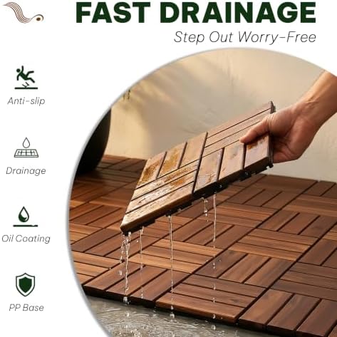 VICTORY RELAX Natural Acacia 12x12 Interlocking Wood Deck Tiles for Balcony, Garden, Patio, Poolside Decor - Waterproof Indoor & Outdoor Flooring - Square Joints (9, Walnut, 12 slats) (9 PCS)
