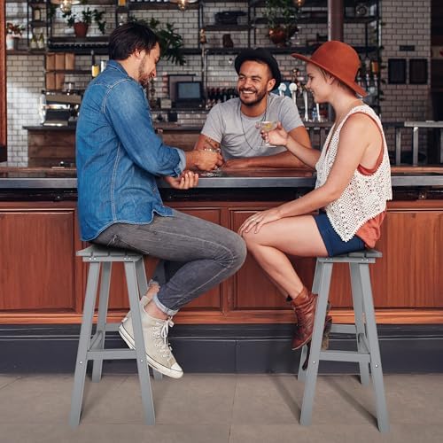 nalone 29 Inch Outdoor Bar Stools Set of 2, HDPE Bar Chairs with Footrest, Weather Resistant Barstools Outside Counter Height Stools for Yard, Balcony (Grey, 29'' Barstools Set of 2)
