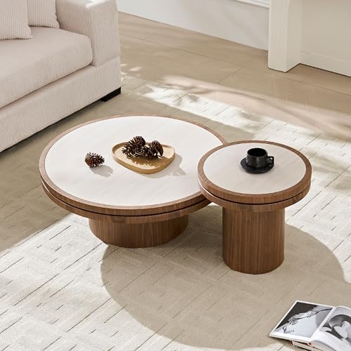 Sintered Stone Coffee Table Set of 2, 2 Piece Coffee Table and End Table Set with Sintered Stone Top, Modern Center Circle Side Tables for Living Room Bedroom, Walnut