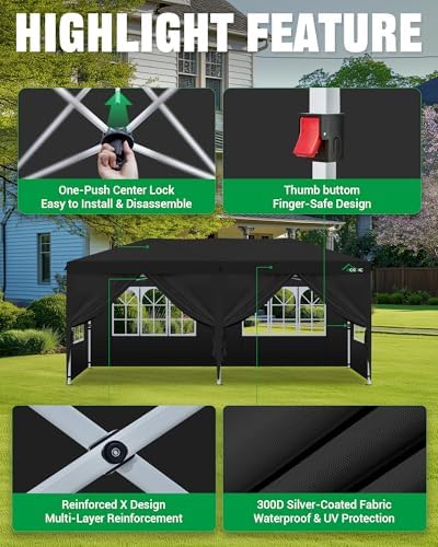 Acepic 10x20 Black, Pop Up Canopy Tent with 6 Removable Sidewalls 10 * 20