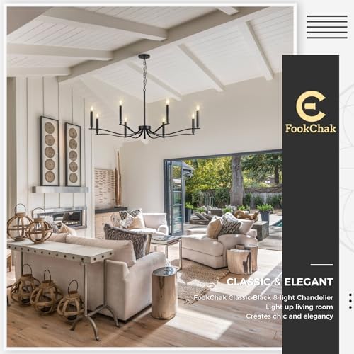 Black Chandelier, Modern Dining Room Light Fixture 8 Light Candle Chandelier Over Table 44in Metal Chandeliers Lighting for Living Room Entry Master Bedroom Bathtub Kitchen
