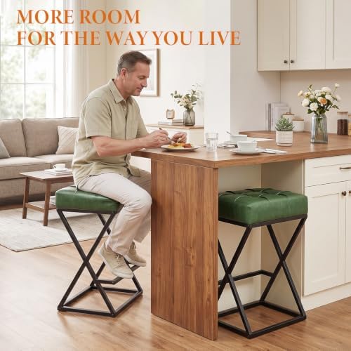 Bar Stools Set of 3, 26 Inch Counter Height Stool Faux Leather Green