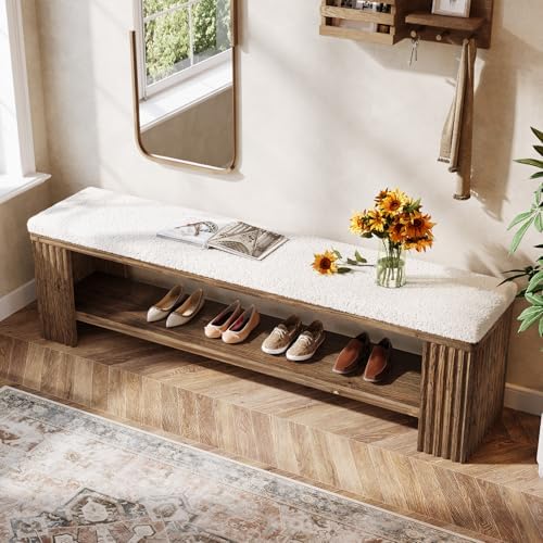 63" Solid Wood Entryway Bench, Farmhouse Upholstered End of Bed Bench with Removable Faux Lambswool Cushion and Fluted Legs, Indoor Long Ottoman for Bedroom, Entryway, Dark Brown