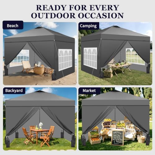 10x10ft Pop-Up Canopy Tent with 4 Side Walls — Easy Setup, Outdoor Portable Gazebo with 4 Ropes, 8 Stakes, 4 Sandbags and Handbag, for Patio, Camping and Picnic, Gray