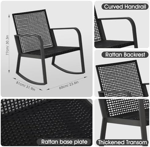 Bistro 3 Piece Patio Furniture Set, Patio Table and Rattan Outdoor Rocking Chairs Set of 2, Outdoor Bistro Conversation Set for, Garden, Balcony, Poolside, Backyard, Beige