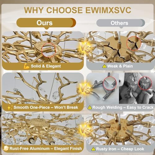 Modern Crystal Chandelier, 31.5" Chandeliers for Dining Room Gold Tree Branch Chandelier Lighting, Round Living Room Chandeliers Over Table, Branches and Crystals Ceiling Light Fixtures