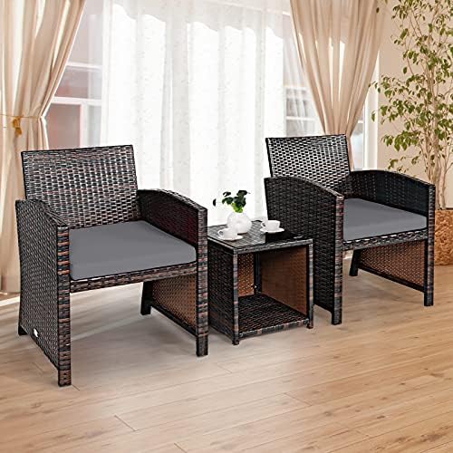 Tangkula 3-Piece Outdoor Furniture Set, Patio Wicker Conversation Set, Grey