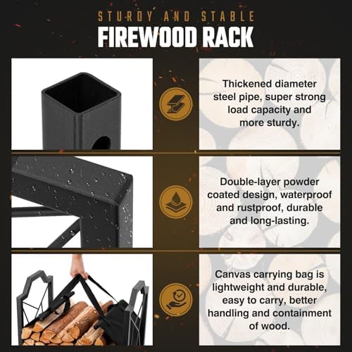 HIHADUUM Firewood Rack Outdoor Indoor - Firewood Holder with Canvas Log Carrier Heavy-Duty Sturdy Waterproof Wood Storage Firewood Organizer for Fireplace Decor