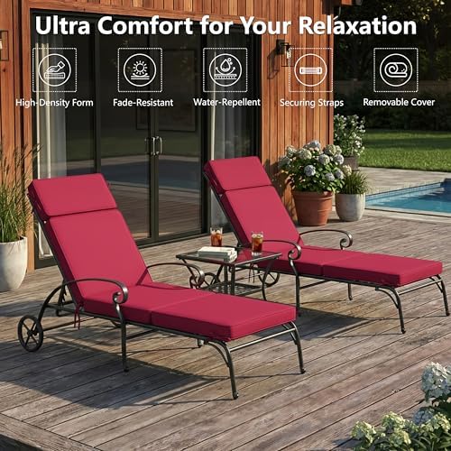 80 x 26 Inch Outdoor Chaise Lounge Cushions Set of 2 - Removable Cover, 4-Section Design, Water-Repellent & Fade-Resistant, 6 Tie Straps, Replacement for Patio & Pool Chairs - Burgundy