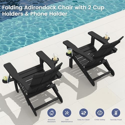 SERWALL Modern Folding Adirondack Chairs Set of 2, HDPE, Cup Holders, Black
