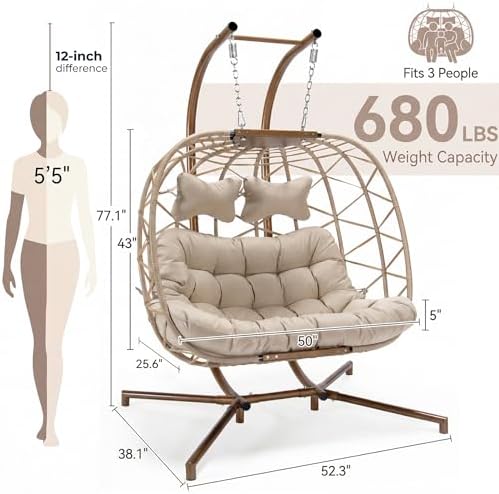 NICESOUL Double Swing Egg Chair with Stand, Extra Large 2 Person Indoor Outdoor Wicker Loveseat, Oversized Patio Hanging Basket Chair with Cushions, Cozy Sturdy Porch Swing for Backyard Balcony, Beige
