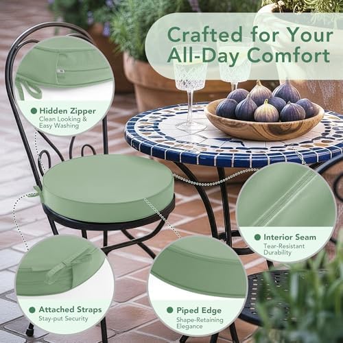 Summsun Outdoor Bistro Chair Cushions Set of 2, 15" D x 3" H Round Chair Cushions Waterproof and Fade Resistant Chair Cushion Pads with Non-Slip Ties and Removable Covers for Garden, Sage Green