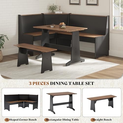 LUXOAK 3-Piece Corner Dining Set with Hidden Storage, Black Oak