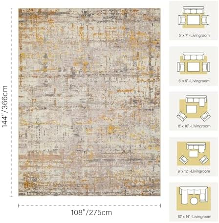 Rugxara 9x12 BeigeGold Modern Abstract Neutral Washable Rug for Living Room