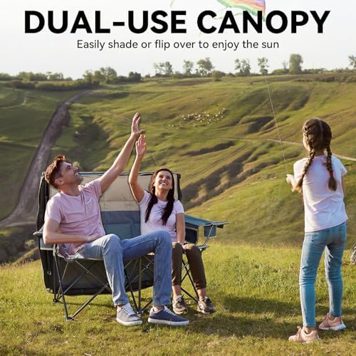 Padded Double Camping Chair With Canopy,Folding Chair Support 450LBS, Blue