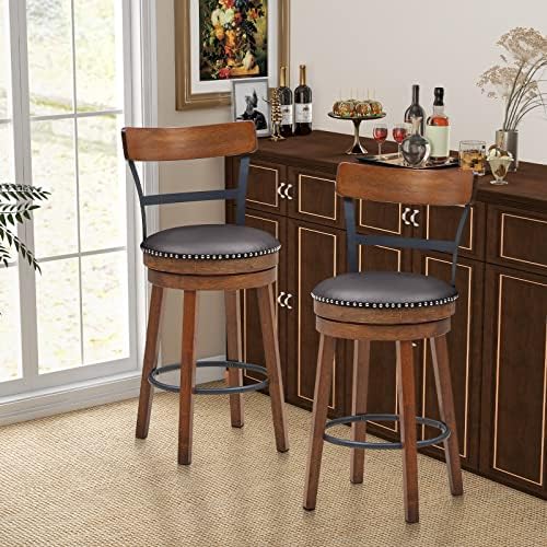 GIANTEX Bar Stools Set of 2-25.5" Counter Height Swivel Rubber Wood Barstools with Soft Padded Seat Cushions, Footrests, Easy Assembly Armless Farmhouse Kitchen Island Bar Chairs with Back, Brown
