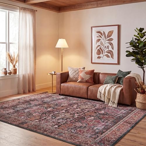 SAFAVIEH Washable Rug Tucson Collection - 8' x 10', Rust & Green, Slip Resistant & Easy to Clean, Ideal for Living Room, Bedroom, Dining Space (TSN114P)