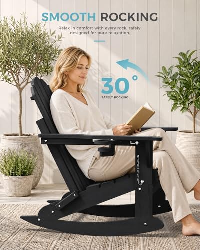 Ciokea Adirondack Rocking Chair with Footrest, Folding HDPE Rocker (Black)