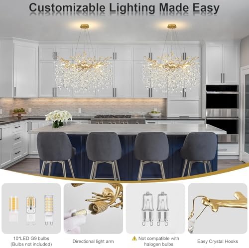 Modern Crystal Chandelier, 31.5" Chandeliers for Dining Room Gold Tree Branch Chandelier Lighting, Round Living Room Chandeliers Over Table, Branches and Crystals Ceiling Light Fixtures