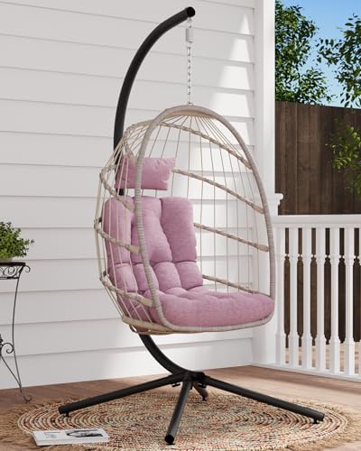 SWITTE Egg Chair Outdoor with Stand, Indoor Wicker Hanging Egg Swing, Pink