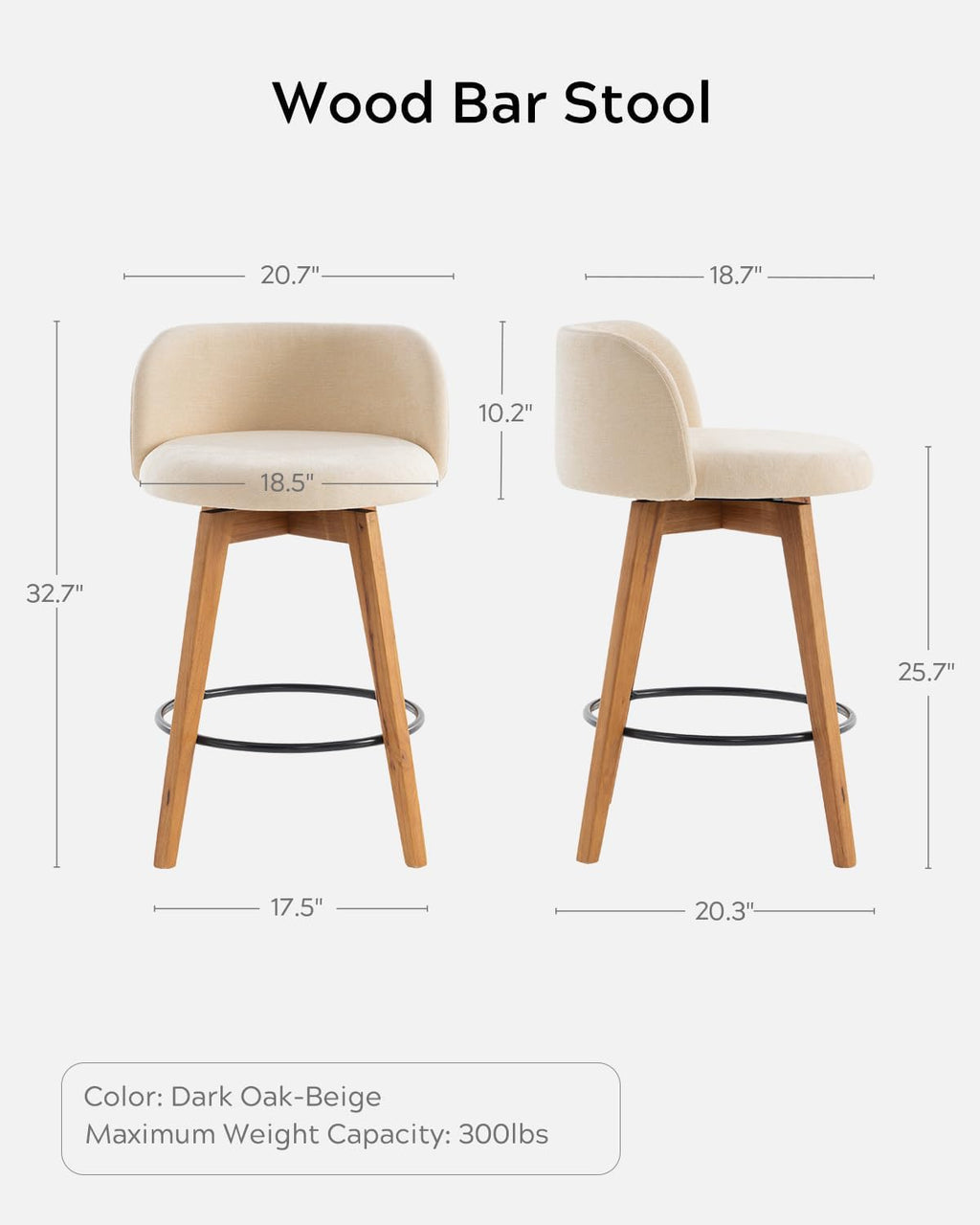 EYYTHUNG 26" Counter Height Bar Stools Set of 2 Mid Century Modern Farmhouse Swivel Barstools Chenille Fabric Upholstered Bar Height Island Chairs with Curved Backrest for Kitchen Island, Beige