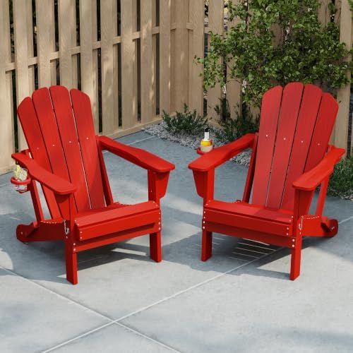 Domi Folding Adirondack Chairs Set of 2 with Cup Holder, Red