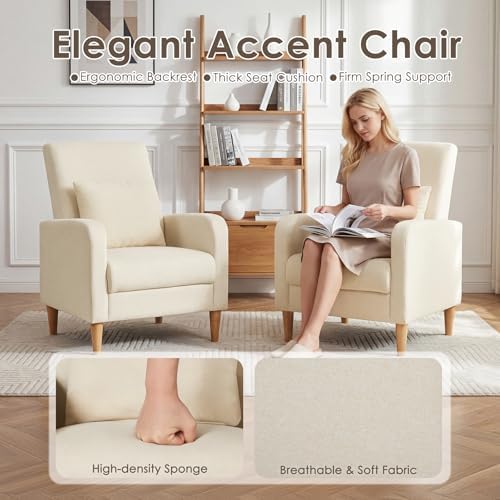 COLAMY Mid-Century Modern Upholstered Accent Chair with Back Pillow & Solid Wood Legs, Fabric Cozy Armchair for Living Room, Bedroom, Reading Nook, Apartment & Small Spaces, Beige