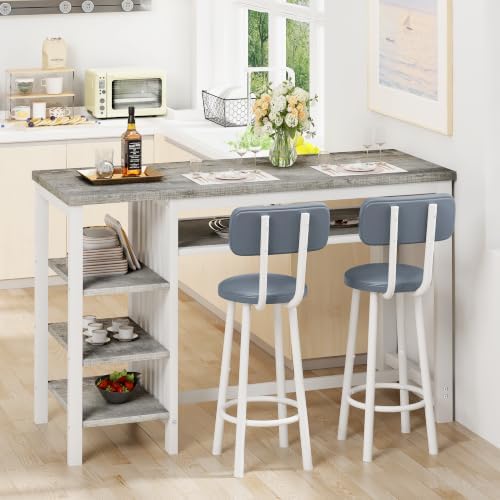 DKLGG 3-Piece Bar Table and Chairs Set, Counter Height Dining Table Set with Storage & 2 Upholstered Stools, Hightop Kitchen Bar Table for Small Space, Pub & Bistro